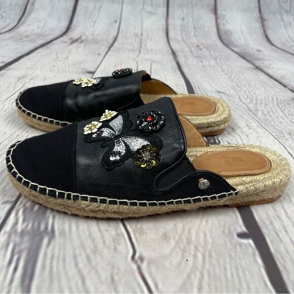BILL BLASS Wallis black floral & butterfly embellished espadrille mules, size 9 - Picture 7 of 13